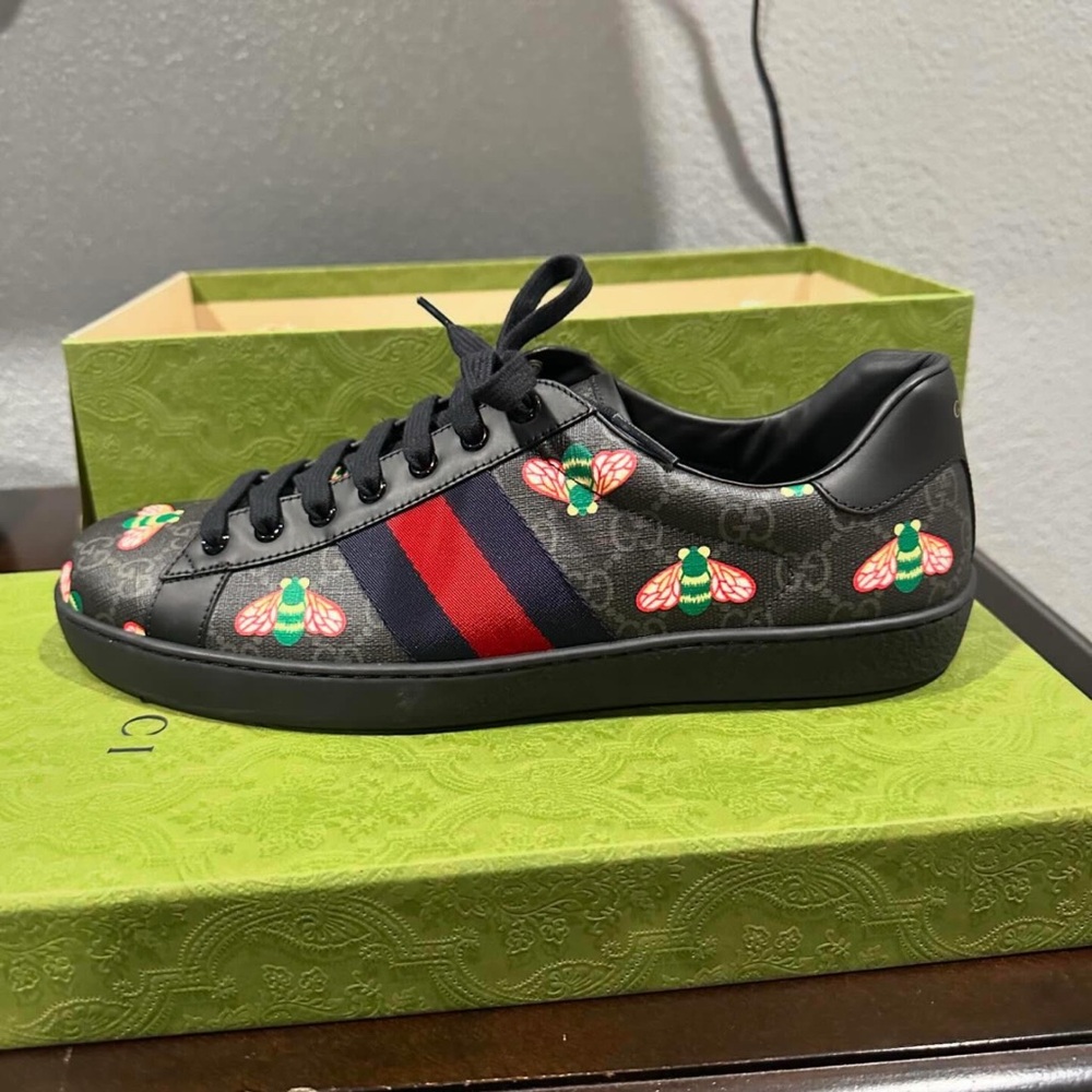 Gucci Black Leather Sneakers with Red and Blue Accents